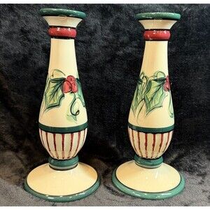 Gail Pittman Hollylujah Candlestick Pair Vtg 1995 Candle Holders Hand Painted 9”